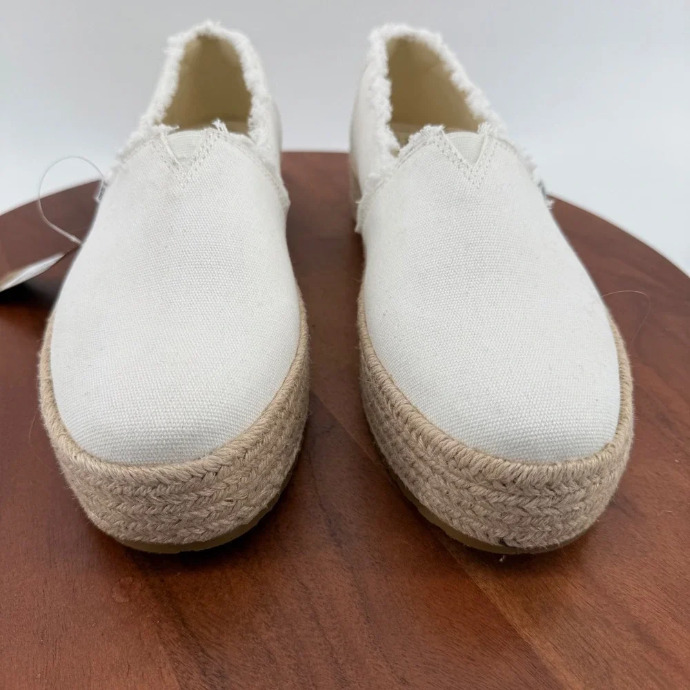 TOMS Valencia Platform Espadrille White Canvas Frayed Slip On Women Size 12